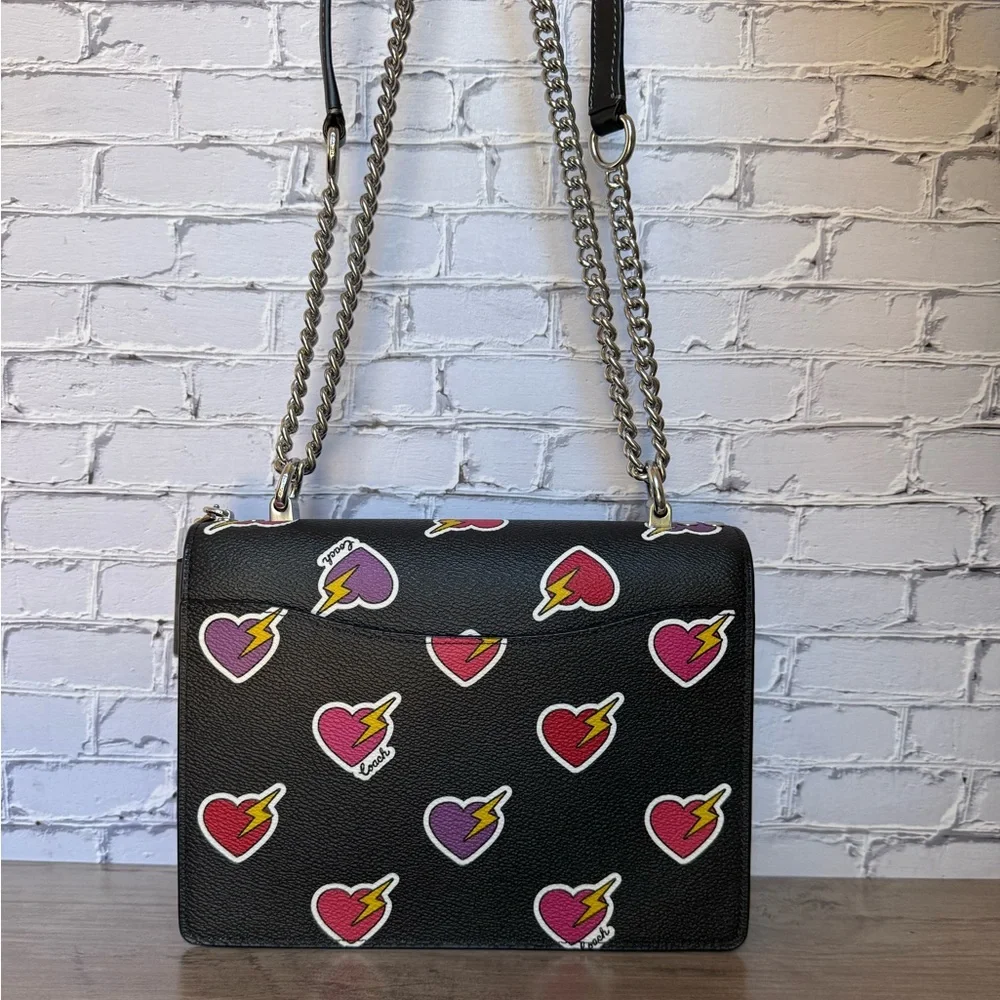 NWT Coach Klare Chain Crossbody shoulder Bag Heart Bolt Print Black/Silver CW436